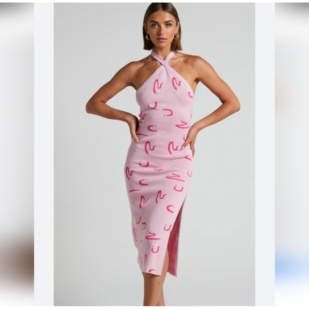 Showpo Knit Pink Halter Midi Dress with Magenta Print